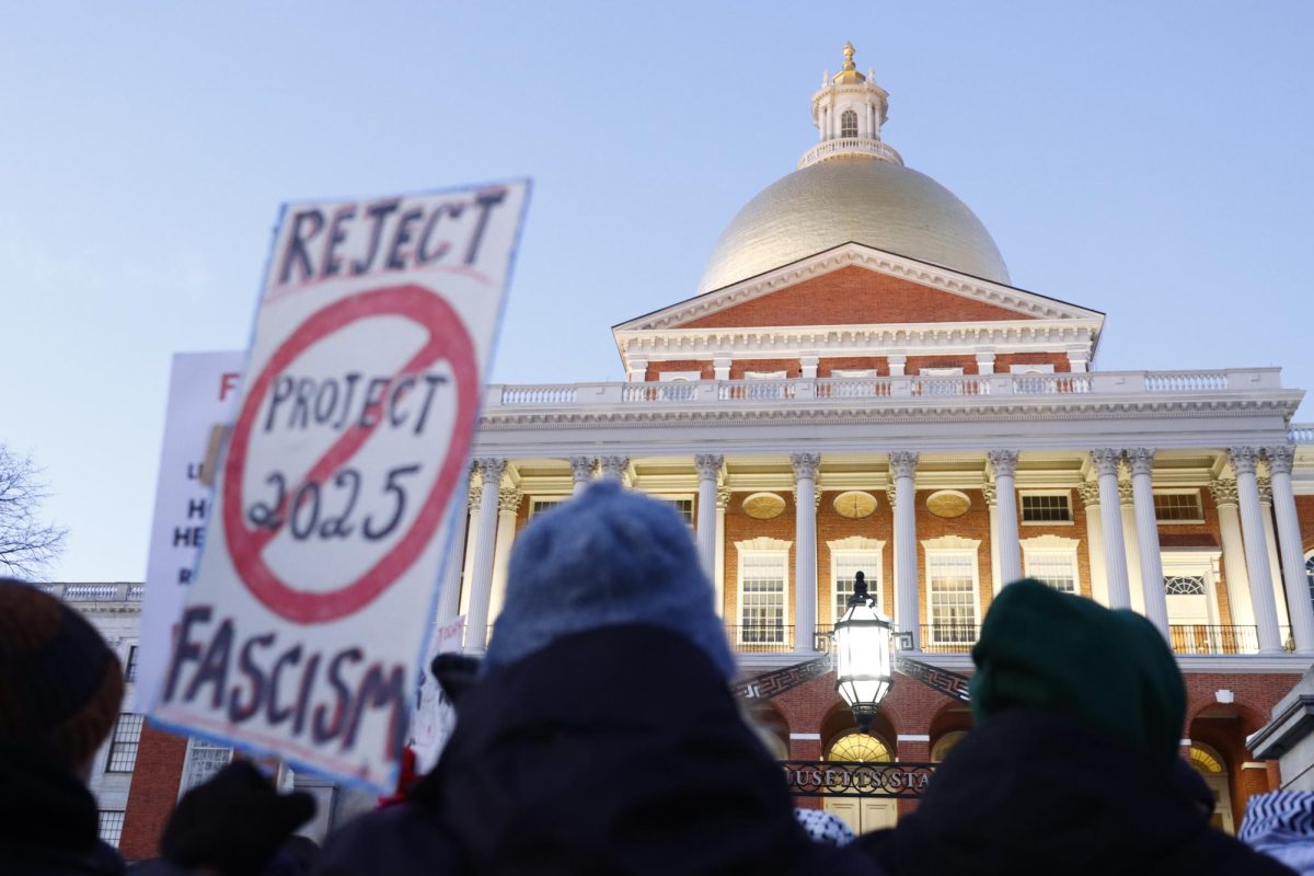 A crowd protesting Trump's second term outside of the Massachusetts State House on Monday, Jan. 20, 2025. (Arthur Mansavage/ Beacon Staff)