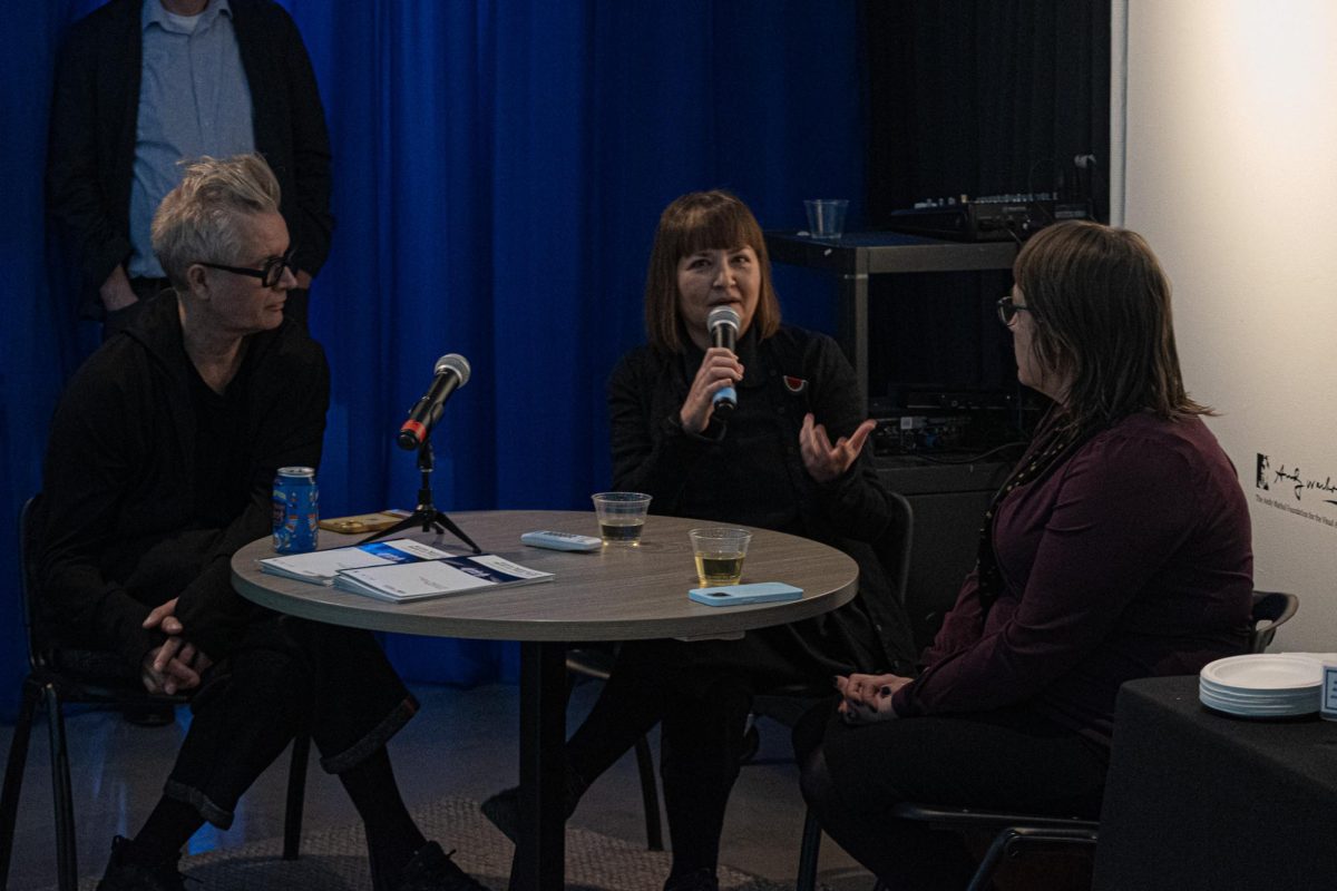 Søren Lind (left) and Larissa Sansour (middle) discuss “Entire Nations Are Built on Fairy Tales” with Dr. Leonie Bradbury (right). (Nick Peace/ Beacon Staff)