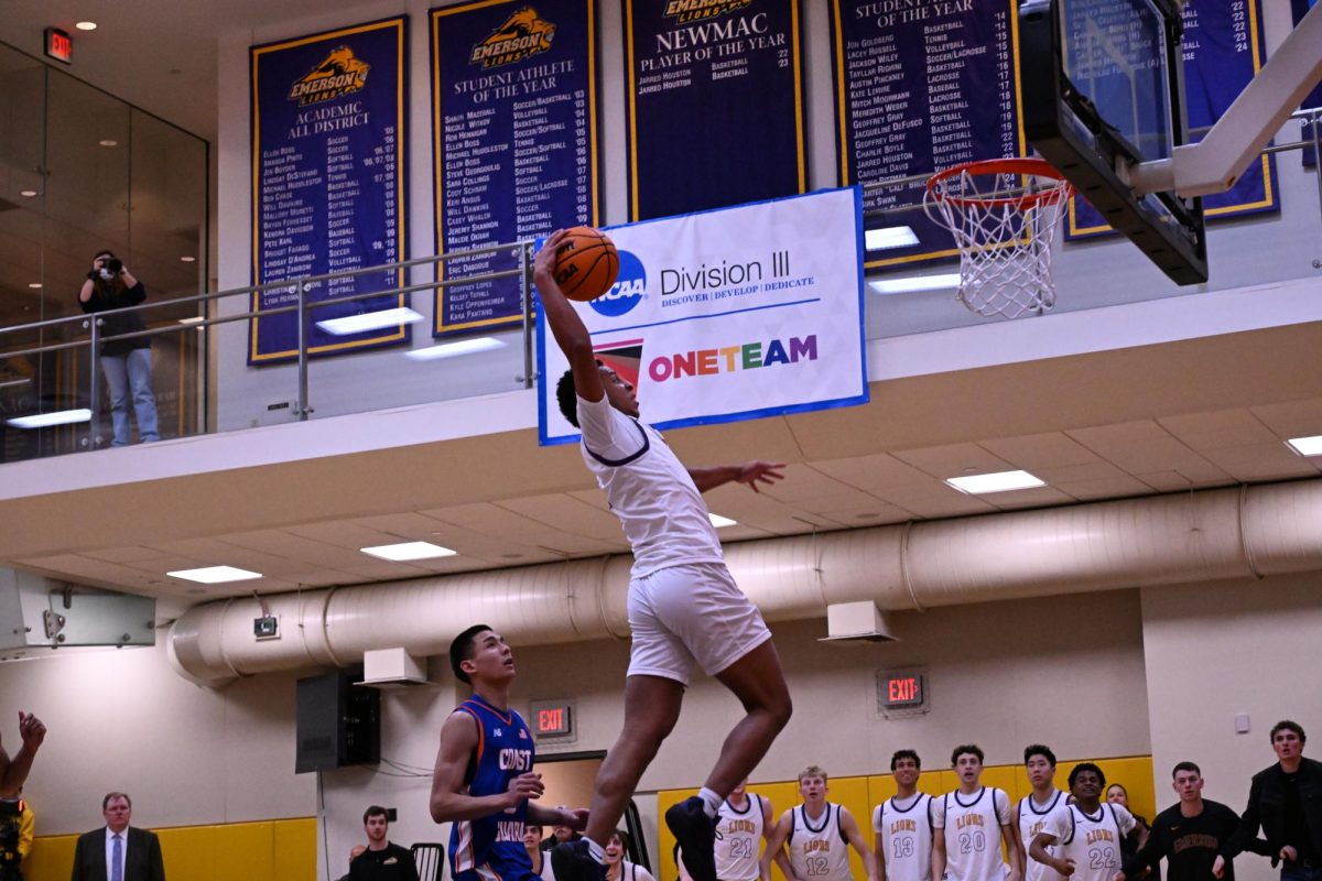 Sophomore guard Ray Allen III attempts a dunk against Coast Guard Academy on Jan. 29, 2025 (Riley Goldman/ Beacon Staff).