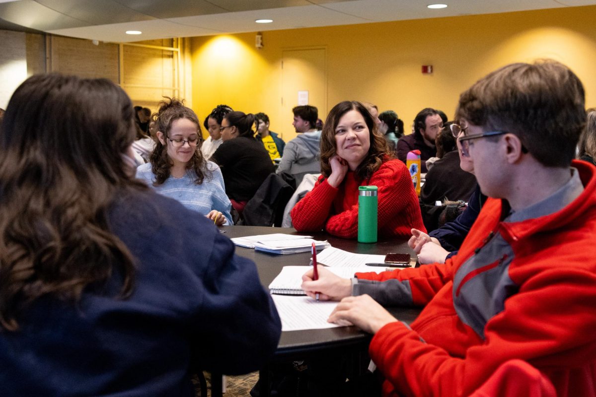 Dozens of students, staff, and faculty filled the Bordy Theatre on Wednesday, Feb. 5, 2025 to kick off the Teach-In on Race series of events. (Arthur Mansavage/ Beacon Staff)