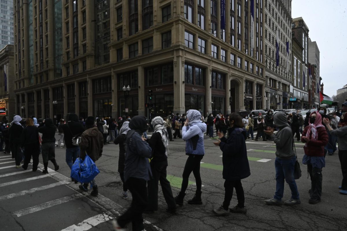 Students affiliated with Boylston Students for Justice in Palestine participate in a walkout on March 20, 2025.