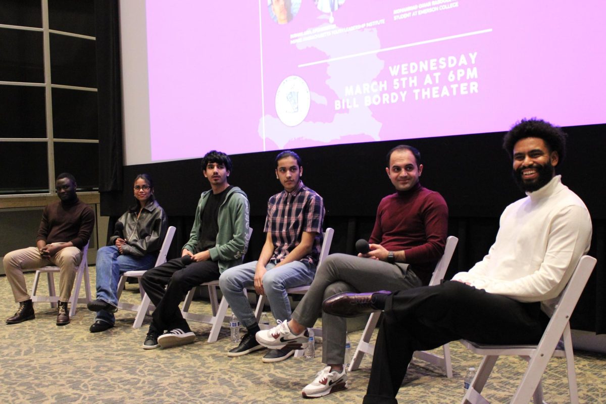 Rossiny Julien, Melodie Vaval, Subhan Aria, Omar Osmanzai, and Mohammad Omar Rasooli, participated in the March 5 Deliberative Dialogues panel moderated by Communication Studies Professor Niko Emack. (DJ Mara/Beacon Staff)