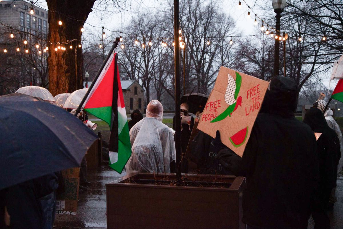 Boylston SJP hosts rally at the beer garden in the Boston Common on Monday March 24, 2025 in pouring rain. (Iselin Bratz/ Beacon Staff)