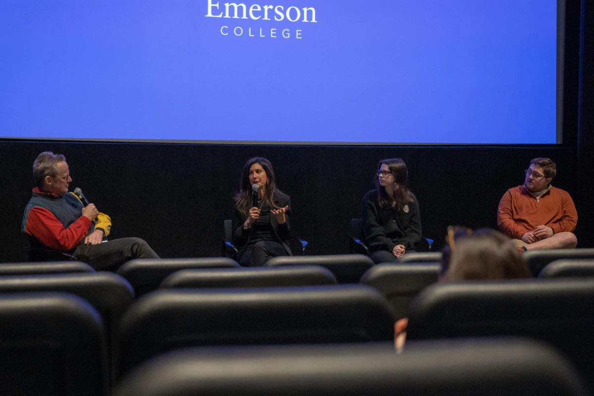 Director Wendy Sachs speaks at a panel discussion with journalism professor Tim Riley and Emerson students Lily Minkoff and Arthur Mansavage. (Yogev Toby / Beacon Staff)