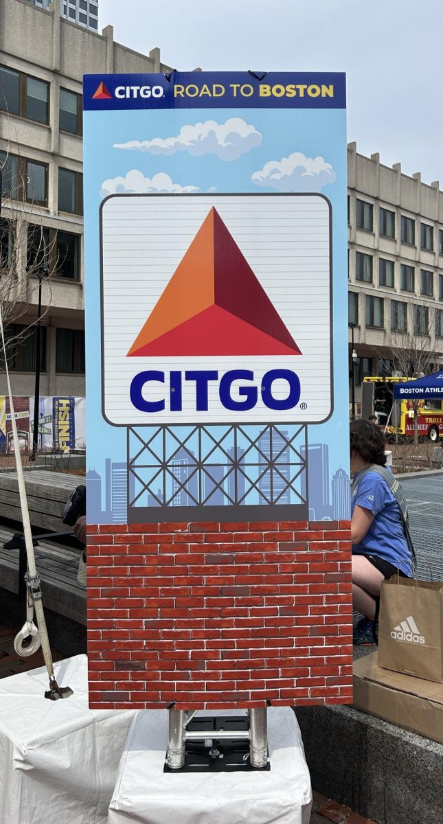 A sign for Citgo Road to Fun Zone at Boston Marathon Fan Fest in City Hall Plaza.