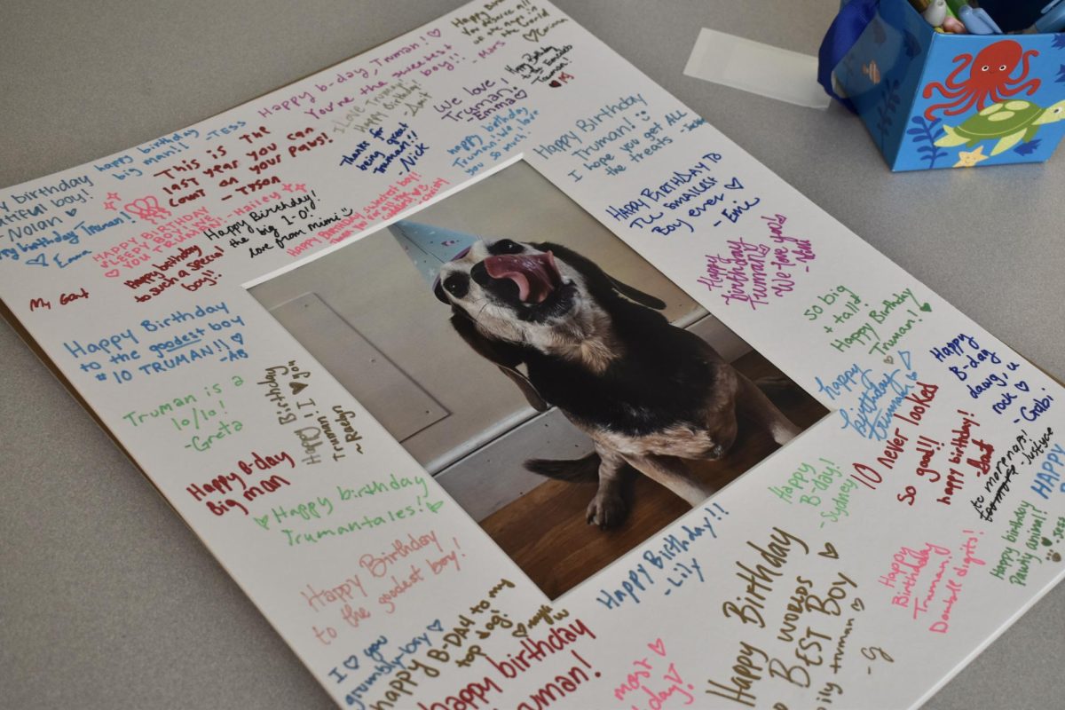 Students wrote birthday messages on a picture frame for Truman during his birthday celebration on April 25, 2025 (Madalyn Jimiera / Beacon Staff) 