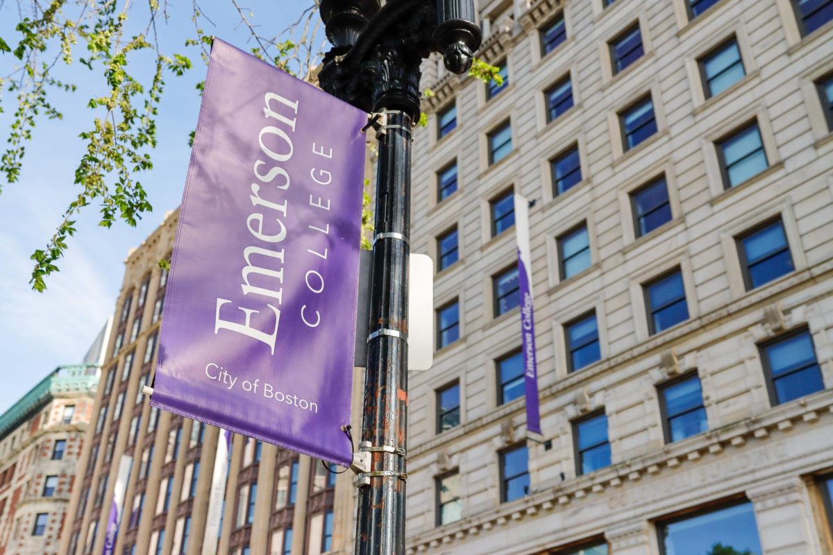 An Emerson College banner on Boylston Street on May 1st, 2025. (Arthur Mansavage/ Beacon Staff, File Photo) 