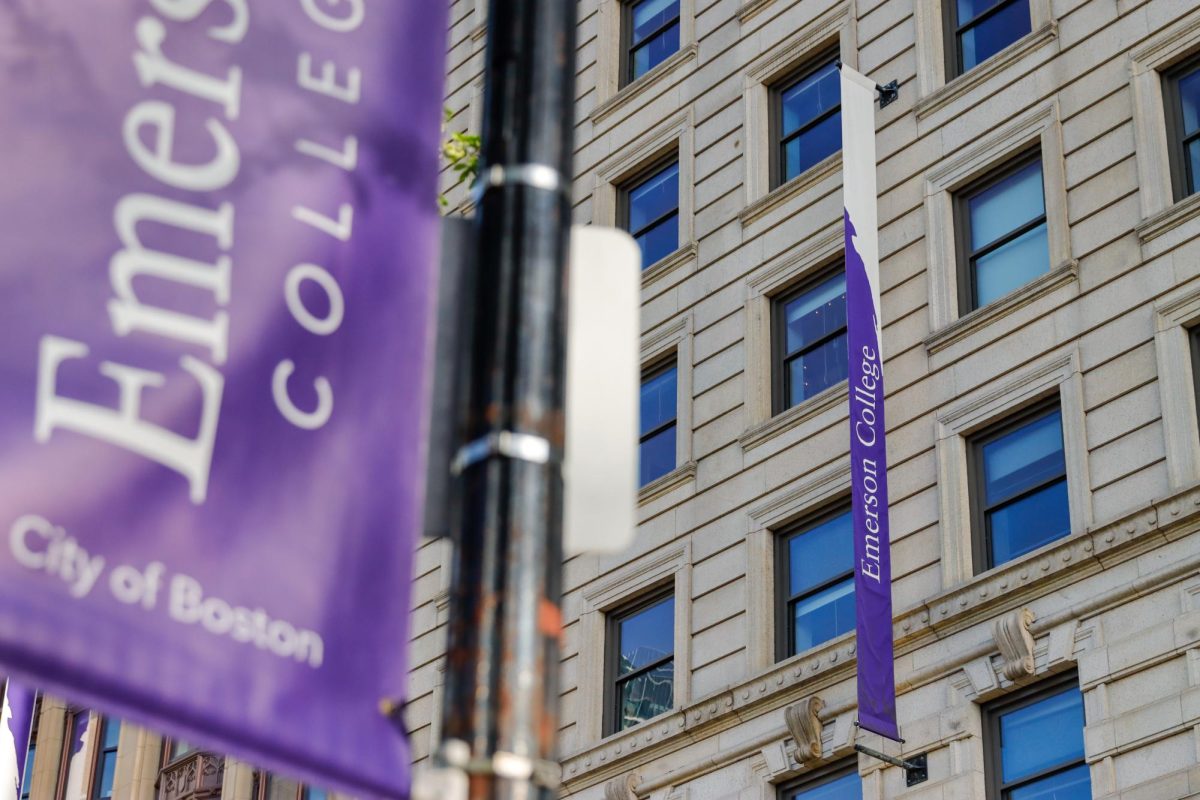 An Emerson College banner on Boylston Street on May 1st, 2025. (Arthur Mansavage/ Beacon Staff, File Photo)