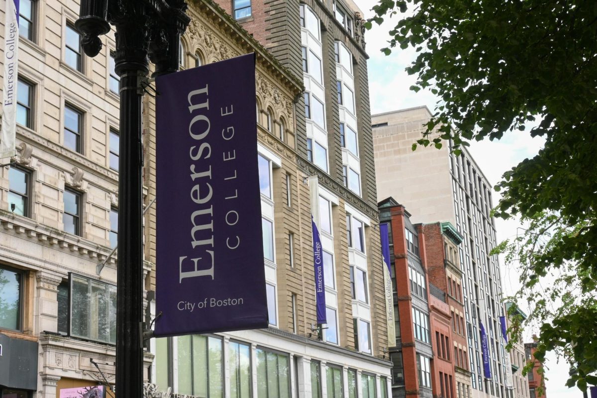 Emerson College buildings and banners on Boylston Street in Boston in May 2025. (Norah Lesperance/ Beacon Staff, File Photo)