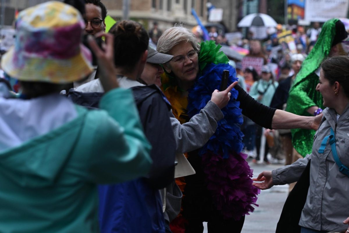 Senator Elizabeth Warren marching in Boston's 2025 Pride Parade on June 14, 2025 (Nick Peace / Beacon Staff)