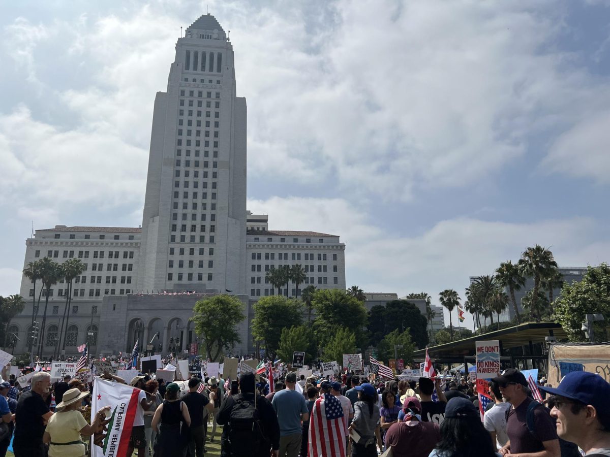 Tens of thousands of protesters gathered in Downtown Los Angeles for the "No Kings" protest against the Trump administration (Jordan Pagkalinawan/ Beacon Staff)