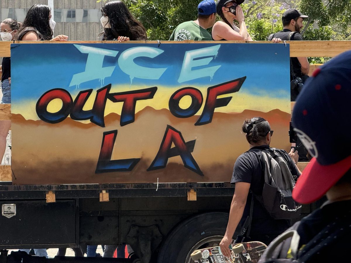 A box truck with pro-immigrant and anti-ICE messages led thousands of protesters through a "Free America" march in Los Angeles, Calif., on July 4, 2025 (Jordan Pagkalinawan/ Beacon Staff).
