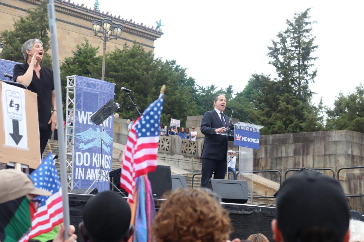 Maryland Democratic Representative Jamie Raskin addresses the crowd gathered outside the steps of the Philadelphia Museum of Art during an anti-Trump protest on June 14, 2025 (Bryan Hecht / Beacon Staff).