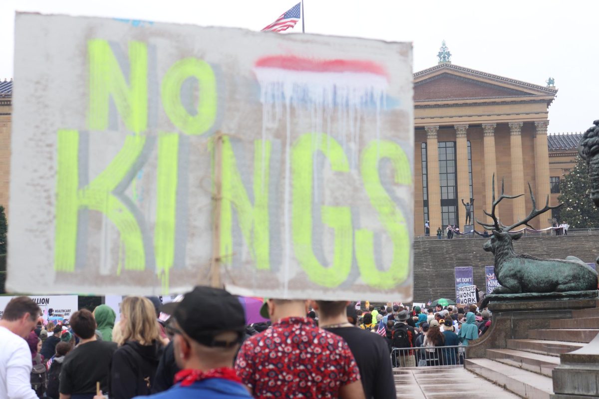 Thousands of protesters gather underneath the Art Museum steps for a No Kings Day protest in Philadelphia on June 14, 2025 (Bryan Hecht / Beacon Staff).