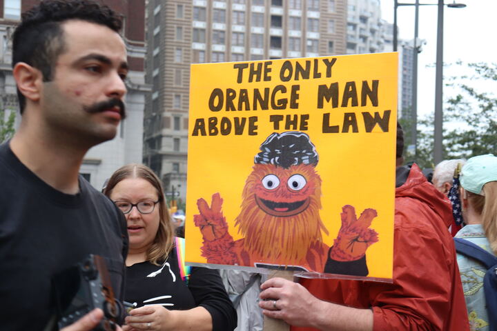 A sign of Gritty, the Philadelphia Flyer's mascot. 