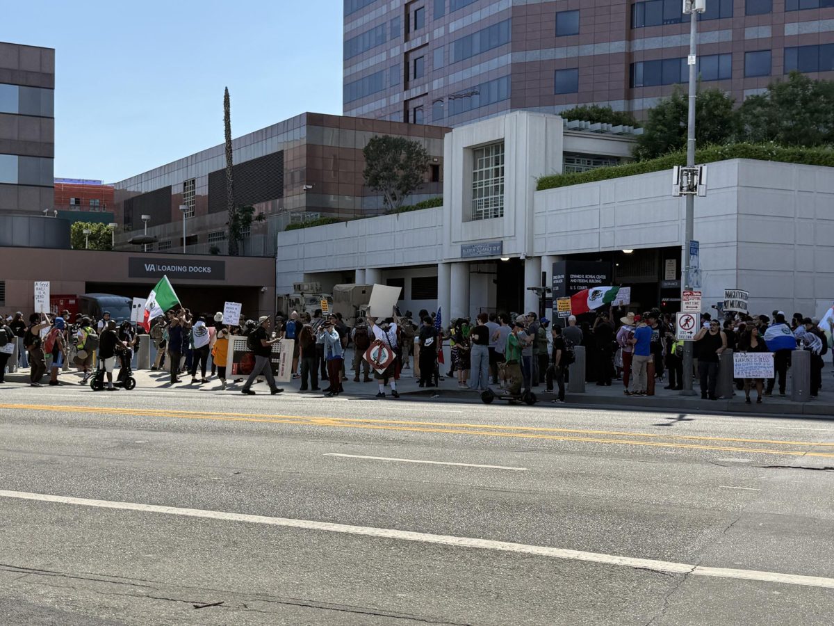 Hundreds of protesters gathered outside the Edward R. Roybal Federal Building on July 4, 2025 (Jordan Pagkalinawan/ Beacon Staff).