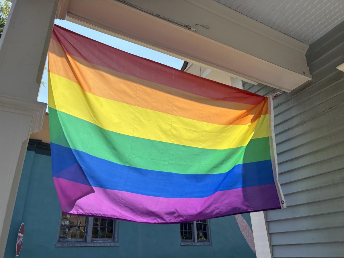 A pride flag hung on a business in Doylestown, Pennsylvania on July 3, 2025. (Madalyn Jimiera / Beacon Staff)