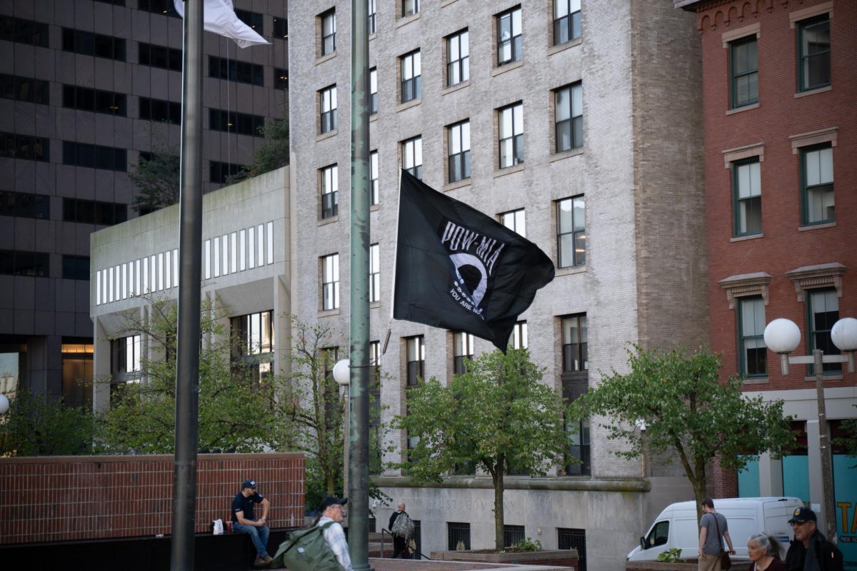Dozens of veterans and veteran's volunteer groups gathered at City Hall Plaza in honor of a day of remembrance for POW/MIA veterans on Friday, Sept. 19, 2025. (Riley Goldman / Beacon Staff).
