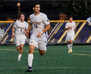 First-year forward Nick Mirogiannis (#13) against Eastern Connecticut State on Sept. 5, 2025 (Courtesy of Naia Driscoll).