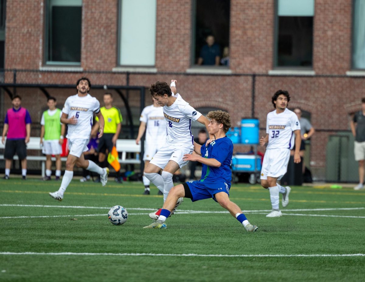 Junior defender Ethan Minster (#2) battles for possession against the Salve Regina University Seahawks on Sept. 27, 2025 (Jacob Goldberg/ For The Beacon).