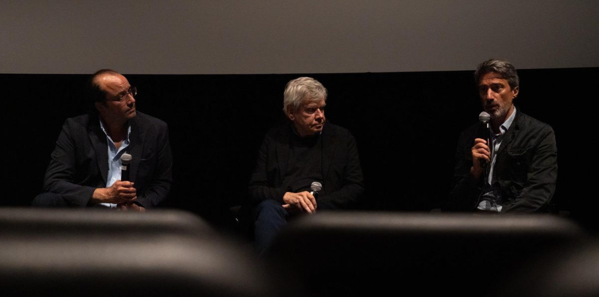 Documentarist brothers Jules (left) and Gédéon (right) Naudet present a screening of their documentary "January 6" in the Bright Family Screening Room on Tuesday, Sept. 23, 2025. (Alex Cuozzo / Beacon Correspondent)