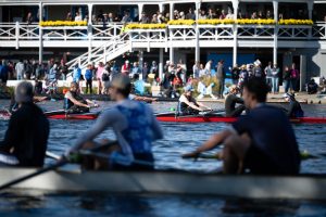 Boats on the Charles River Saturday morning in front of the Cambridge Boat House where the finish line is. (Riley Goldman/ Beacon Staff)