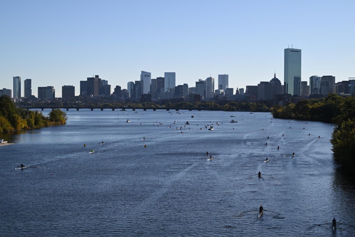 Rowers lining up at the starting line of the 2025 Head Of The Charles Regatta on Friday October 17, 2025. (Riley Goldman/ Beacon Staff)