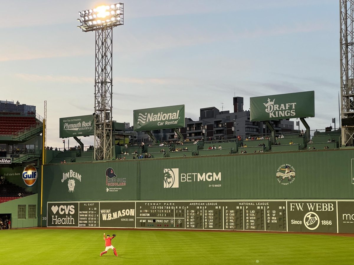 The "Green Monster" of Fenway Park ahead of the Red Sox game vs. the Tampa Bay Rays on Sept. 26, 2023 (Jordan Pagkalinawan/ Beacon Staff).