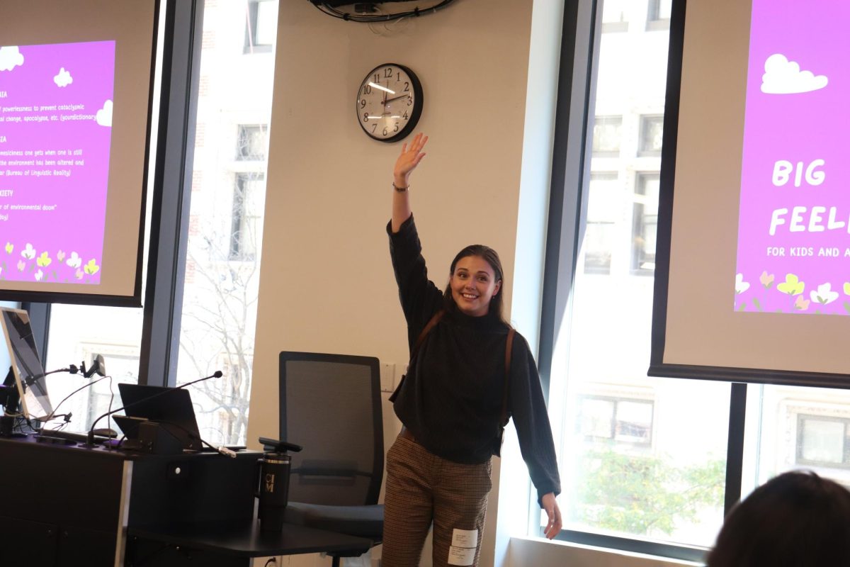Suzie Hicks discusses climate storytelling for kids at a workshop on Friday, Oct. 17, 2025. (Bryan Hecht / Beacon Staff)