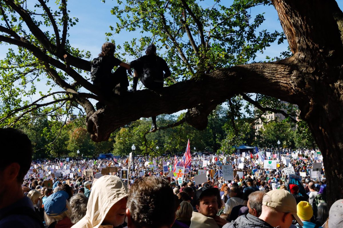 Tens of thousands of protesters gather on the Boston Common to protest the Trump administration on Saturday, October 18, 2025. (Arthur Mansavage/ Beacon Staff)