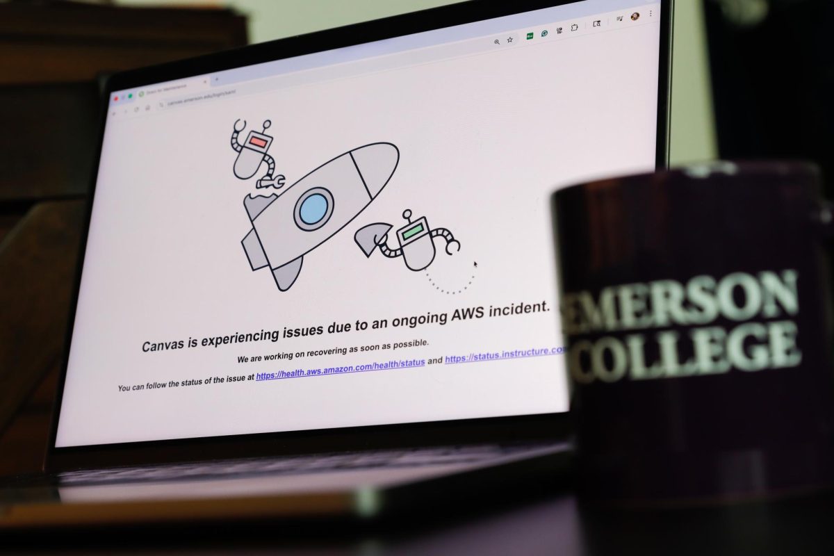 The Canvas webpage shows an error page that reads "Canvas is experiencing issue due to an ongoing AWS incident, we are working on recovering as soon as possible" around 9:30am EST on Monday, October 20, 2025. (Arthur Mansavage/ Beacon Staff)