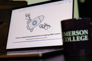 The Canvas webpage shows an error page that reads "Canvas is experiencing issue due to an ongoing AWS incident, we are working on recovering as soon as possible" around 9:30am EST on Monday, October 20, 2025. (Arthur Mansavage/ Beacon Staff)