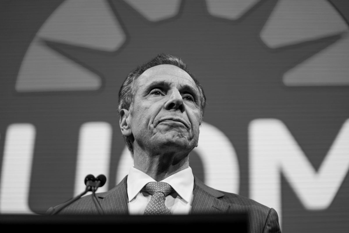 Cuomo staring out to a crowd of supporters at the Ziegfield Ballroom in Manhattan Tuesday night before giving his concession speech. (Arthur Mansavage/ Beacon Staff)