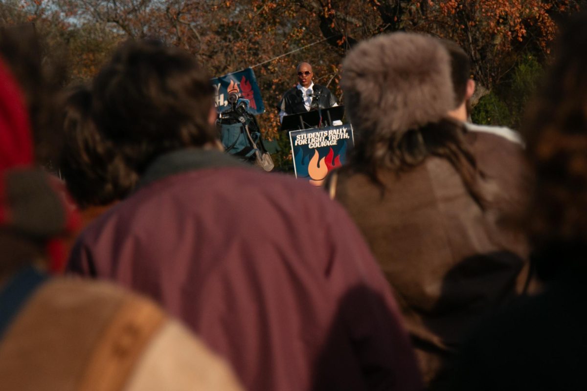 Rep. Ayanna Pressley addresses student, faculty, and community members of local Boston colleges about the need for resistance to the Trump administration during a rally by The Educational Freedom Project on Saturday, Nov. 15, 2025. (Sam Shipman / Beacon Staff)