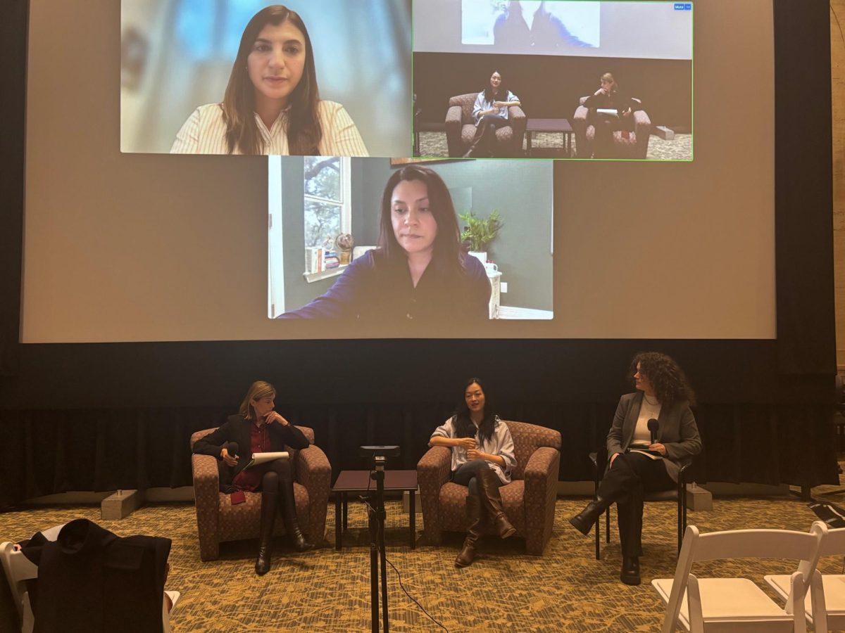 A panel of journalists discuss the newsroom utility of artificial intelligence in Bill Bordy Theater on Wednesday, Nov. 19, 2025. (Courtesy / Lu Ann Reeb)