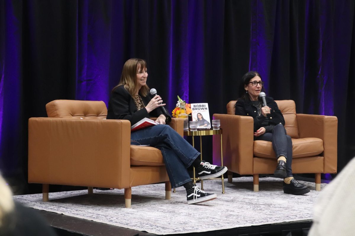 Make-up artist Bobbi Brown discusses her new book in the gym named for her at Emerson College on Sept. 27, 2025. (Ava Bartels / Beacon Correspondent)