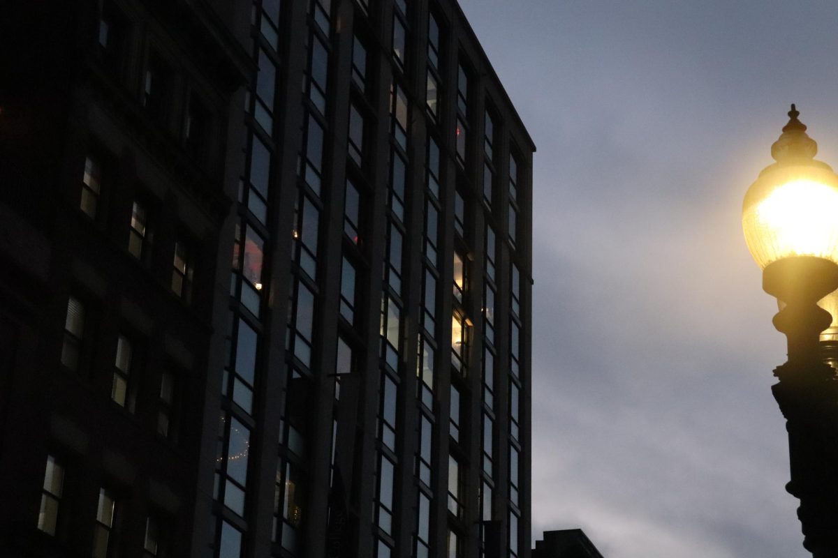 The Emerson College Piano Row dormitory building the week after "fall back" in November 2025.(Bryan Hecht / Beacon Staff)