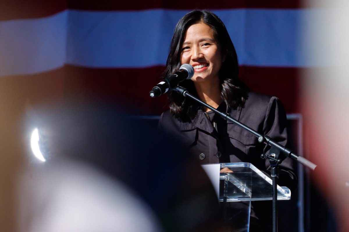 Boston Mayor Michelle Wu speaking to the crowd at a No Kings Day Rally on Saturday, October 18, 2025. (Arthur Mansavage/ Beacon Staff)