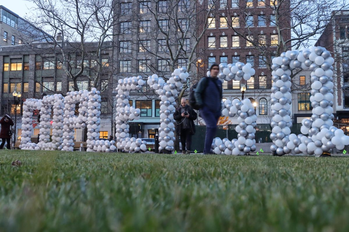 A ballon installation spelling out "Copley SQ" was set up inside of Copley Square Park for the event. (Arthur Mansavage/ Beacon Staff)