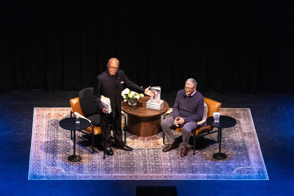 On the opening night of his new book tour, billionaire and philanthropist Bill Gates spoke at the Emerson Colonial Theater about the first installment of his memoir, “Source Code,” on Monday, Feb. 3, 2025. (Yogev Toby/Beacon Staff)
