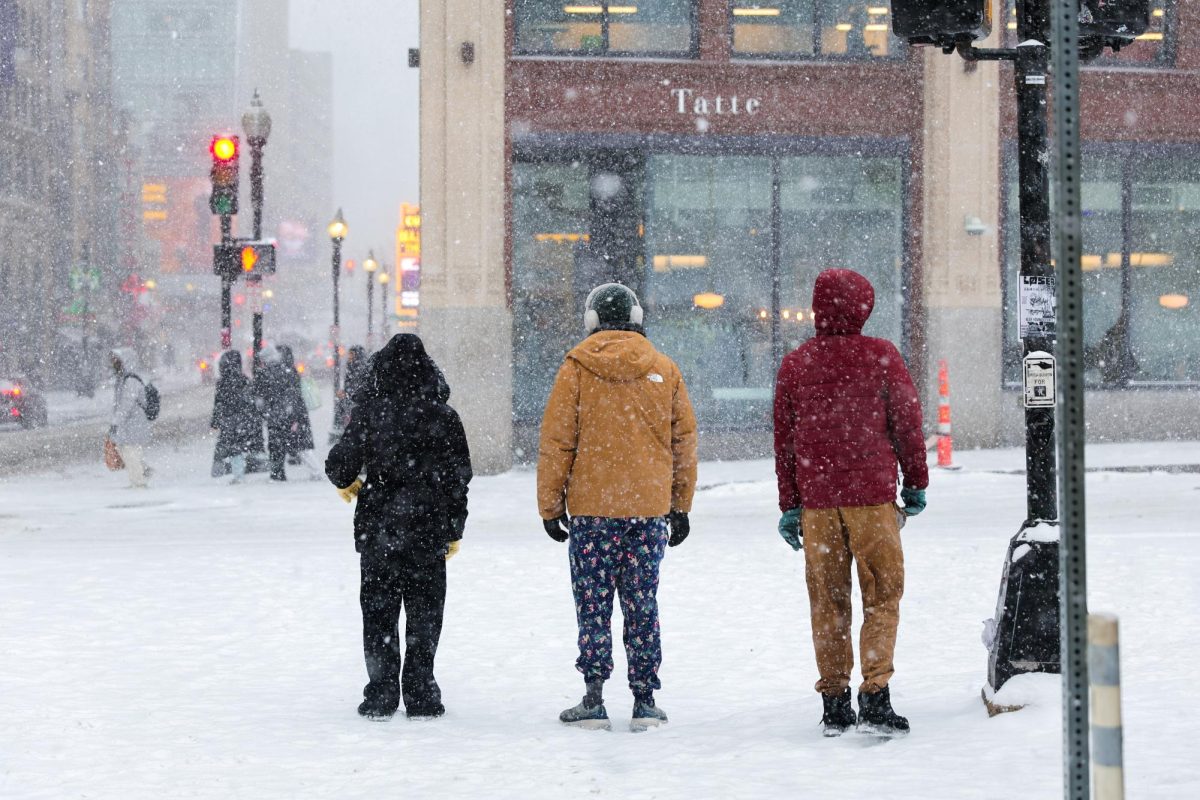 A group of people standing on the corner of Boylston and Tremont on Sunday, Jan. 25, 2026 as the snow falls and covers the street. (Arthur Mansavage/ Beacon Staff)